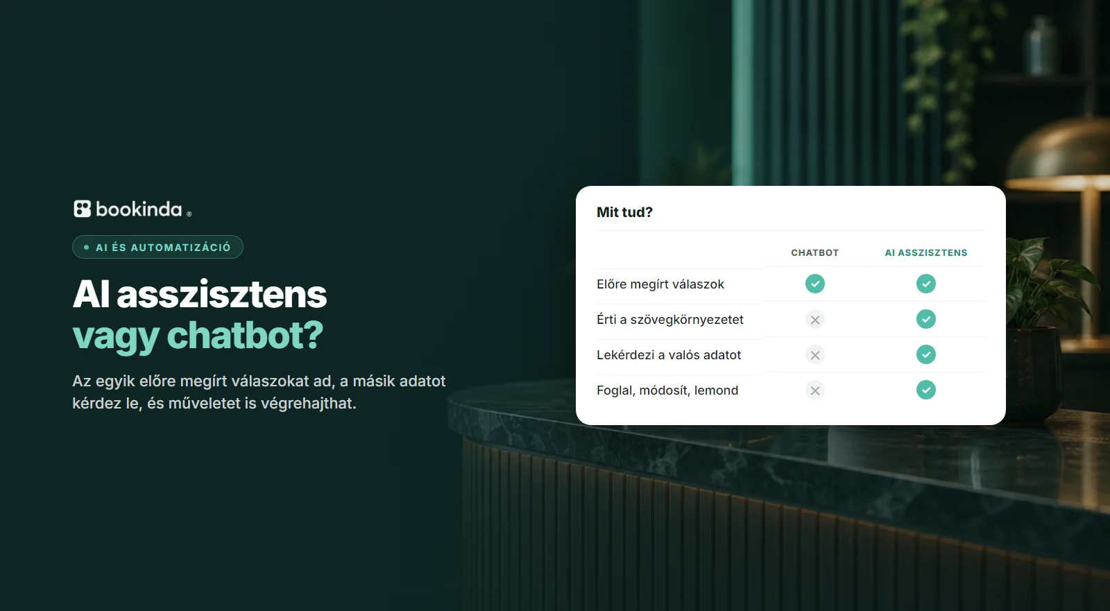 Recepciós pult régi telefonnal és okoshangszóróval, előtte összehasonlító táblázat a chatbot és az AI asszisztens képességeiről.