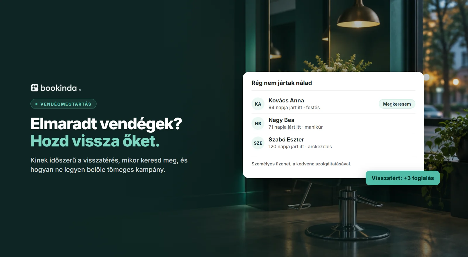 Üres fodrászszék esti fényben, előtte a régóta nem járt vendégek listája az utolsó látogatás idejével.