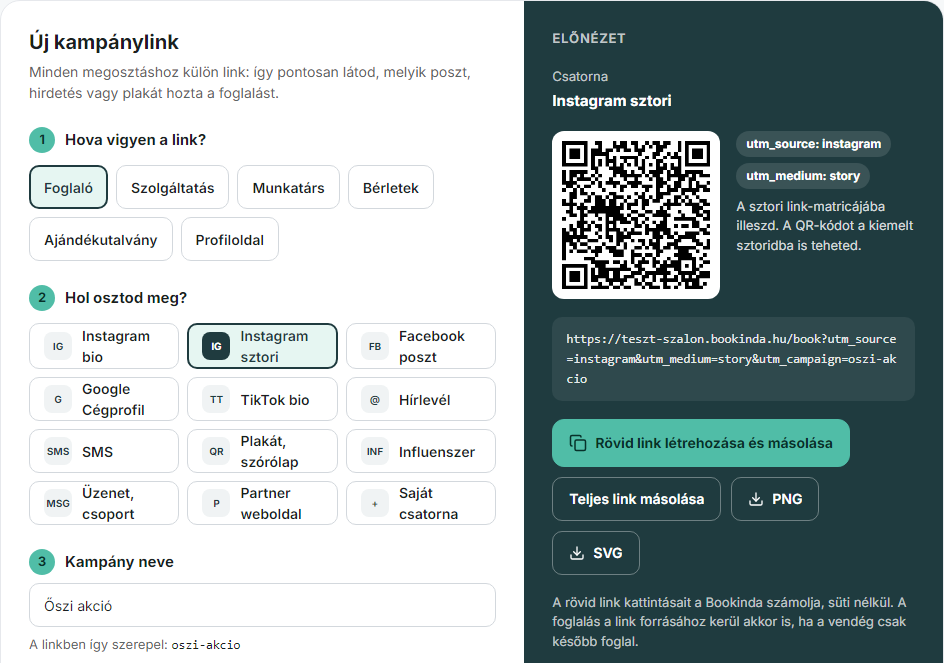 Kampánylink készítése: cél, csatorna, kampánynév, előnézet rövid linkkel és QR-kóddal