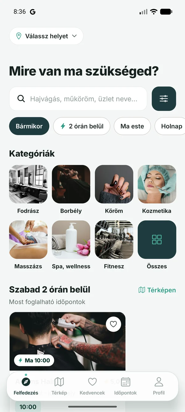A Bookinda vendégalkalmazás kezdőképernyője