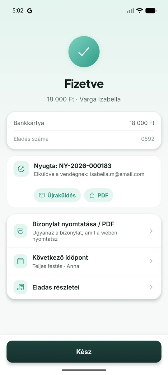 Bookinda Business: a fizetés lezárva, a nyugta elkészült és elment a vendégnek e-mailben