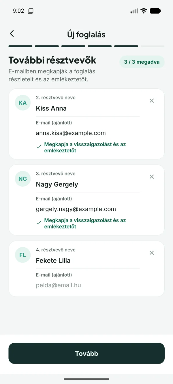 Bookinda app: További résztvevők, három társ neve és e-mail címe